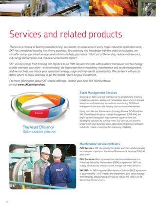 14
Services and related products
The Asset Efficiency
Optimization process
Thanks to a century of bearing manufacturing, plus hands-on experience in every major industrial application area,
SKF has unmatched rotating machinery expertise. By combining this knowledge with the latest technologies, we
can offer many specialized services and solutions to help you reduce Total Cost of Ownership, reduce maintenance,
cut energy consumption and reduce environmental impact.
SKF services range from training and logistics to full PdM service contracts with qualified manpower and technology
to help maintain your plant – even remotely. We have expertise in machinery maintenance and asset management,
and we can help you reduce your operation’s energy usage and improve its sustainability. We can work with you to
define where to focus, and how to get the fastest return on your investment.
For more information about SKF service offerings, contact your local SKF representative,
or visit www.skf.com/services.
Asset Management Services
Drawing on 100+ years of manufacturing and rotating machine
reliability expertise, decades of consultancy experience in process
industries and leadership in condition monitoring, SKF Asset
Management Services are helping plants compete worldwide.
Using tools like our Maintenance Strategy Review (MSR) and the
SKF Client Needs Analysis – Asset Management (CNA-AM), we
begin by identifying plant improvement opportunities and
developing solutions to achieve them. Our consultants work to
understand your business goals, application challenges and plant
culture to create a road map for improving reliability.
Maintenance service contracts
PdM Services: SKF can provide the skilled workforce and associated
technologies to perform Predictive Maintenance Services (PdM) at
your plant.
PRM Services: Want to move from reactive maintenance to a
Proactive Reliability Maintenance (PRM) programme? SKF can
supply all necessary resources and manage the entire process.
SKF IMS: An SKF Integrated Maintenance Solution (IMS) agreement
is a partnership – SKF creates and implements your asset manage-
ment strategy, collaborating with you to reduce the Total Cost of
Ownership of your assets.
 