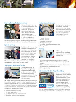 15
Bearing Remanufacturing Services
Replacing large bore bearings
is an expensive proposition, both
in new bearing costs and lost
productivity. SKF Bearing
Remanufacturing Services
offers a far more affordable,
sustainable alternative.
Throughout our global network
of state-of-the-art service
centres, we routinely take
bearings earmarked for scrapping and remanufacture them to like-
new condition for extended service – and substantial cost savings.
Spindle services
Backed by machine tool operating
experience from our own facto-
ries, plus our knowledge of high-
precision bearings and spindle
engineering, SKF has the exper-
tise to provide many highly
specialized spindle services.
Geared toward a range of
industries and applications,
SKF services include everything from engineering upgrades to
spindle analysis, reconditioning and replacement.
SKF Remote Monitoring Service
With our web-enabled SKF
Remote Monitoring Service,
implementing a world-class
predictive maintenance (PdM)
programme for periodic or
continuous monitoring of critical
machinery is just an Internet
connection away.
SKF Remote Monitoring Service combines SKF condition monitoring
tools to collect data, SKF experts to analyze data and the Internet to
communicate machine health status for informed decision-making.
This service is ideal for plants with limited staff trained in predictive
maintenance techniques, or operations with sites located remotely
from a central facility. Benefits include:
Capital investment cost savings•	
Increased data integrity•	
Expert SKF analysis and recommendations•	
Global, 24/7 access to reports and data•	
Mechanical maintenance
Rotating machinery problems –
misalignment, unbalance,
looseness and friction – are all
telegraphed through the bearing.
SKF mechanical maintenance
services can help diagnose,
prevent, and correct these
issues, and include:
Precision alignment•	
Precision balancing•	
Lubrication management•	
Bearing failure analysis•	
Technology advice and machine upgrades•	
Bearing installation•	
Training
SKF training programmes can
give your staff the knowledge
and hands-on experience to help
your operation:
Achieve higher levels of personnel and machine efficiency•	
Determine and fix the root cause of machine and component•	
problems
Reduce accidental damage or under-utilization of equipment•	
Increase machine uptime and productivity•	
Enhance plant safety•	
SKF Certified Electric Motor Rebuilders
For many companies, electric
motor failures cause a continual
cycle of costly repairs and
unplanned downtime – factors
that can hurt the bottom line.
SKF Certified Electric Motor
Rebuilders apply exacting
standards and specifications to
increase motor reliability,
performance and profitability.
In certain locations, we also offer SKF Certified Pump Rebuilders,
who can help you maintain and get more from your pump assets.
 