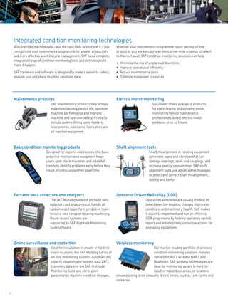 16
Electric motor monitoring
SKF/Baker offers a range of products
for static testing and dynamic motor
monitoring to help maintenance
professionals detect electric motor
problems prior to failure.
Shaft alignment tools
Shaft misalignment in rotating equipment
generates loads and vibration that can
damage bearings, seals and couplings, and
increase energy consumption. SKF shaft
alignment tools use advanced technologies
to detect and correct shaft misalignment,
quickly and easily.
Operator Driven Reliability (ODR)
Operations personnel are usually the first to
detect even the smallest changes in process
conditions and machinery health. SKF makes
it easier to implement and run an effective
ODR programme by helping operators record,
report and initiate timely corrective actions for
degrading equipment.
Wireless monitoring
Our market-leading portfolio of wireless
condition monitoring solutions includes
options for WiFi, wireless HART and
Bluetooth. SKF wireless technologies are
ideal for monitoring assets in hard-to-
reach or hazardous areas, or locations
encompassing large amounts of real estate, such as tank farms and
refineries.
Portable data collectors and analyzers
The SKF Microlog series of portable data
collectors and analyzers can handle all
tasks needed to perform predictive main-
tenance on a range of rotating machinery.
Route-based systems are
supported by SKF @ptitude Monitoring
Suite software.
Online surveillance and protection
Ideal for installation in unsafe or hard-to-
reach locations, the SKF Multilog Series of
on-line monitoring systems automatically
collects vibration and process data 24/7,
transmits data into the SKF @ptitude
Monitoring Suite and alerts plant
personnel to machine condition changes.
Basic condition monitoring products
Designed for experts and novices, this basic
proactive maintenance equipment helps
users spot-check machines and establish
trends to identify problems early before they
result in costly, unplanned downtime.
Maintenance products
SKF maintenance products help achieve
maximum bearing service life, optimize
machine performance and improve
machine and operator safety. Products
include pullers, fitting tools, heaters,
instruments, lubricants, lubricators and
oil injection equipment.
Integrated condition monitoring technologies
With the right machine data – and the right tools to interpret it – you
can optimize your maintenance programme for greater productivity
and more effective asset lifecycle management. SKF has a complete,
integrated range of condition monitoring tools and technologies to
make it happen.
SKF hardware and software is designed to make it easier to collect,
analyze, use and share machine condition data.
Whether your maintenance programme is just getting off the
ground or you are executing an enterprise-wide strategy to take it
to the next level, SKF condition monitoring solutions can help:
Minimize the risk of unplanned downtime•	
Improve operational efficiency•	
Reduce maintenance costs•	
Optimize manpower resources•	
 