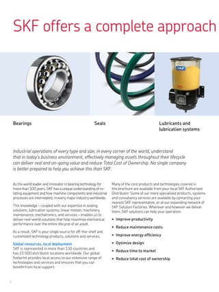 2
SKF offers a complete approach
As the world leader and innovator in bearing technology for
more than 100 years, SKF has a unique understanding of ro-
tating equipment and how machine components and industrial
processes are interrelated, in every major industry worldwide.
This knowledge – coupled with our expertise in sealing
solutions, lubrication systems, linear motion, machinery
maintenance, mechatronics, and services – enables us to
deliver real-world solutions that help maximize mechanical
performance over the entire lifecycle of an asset.
As a result, SKF is your single source for off-the-shelf and
customized technology products, solutions and services.
Global resources, local deployment
SKF is represented in more than 130 countries and
has 15 000 distributor locations worldwide. Our global
footprint provides local access to our extensive range of
technologies and services and ensures that you can
benefit from local support.
Many of the core products and technologies covered in
this brochure are available from your local SKF Authorized
Distributor. Some of our more specialized products, systems
and consultancy services are available by contacting your
nearest SKF representative, or at our expanding network of
SKF Solution Factories. Wherever and however we deliver
them, SKF solutions can help your operation:
Improve productivity•	
Reduce maintenance costs•	
Improve energy efficiency•	
Optimize design•	
Reduce time to market•	
Reduce total cost of ownership•	
Industrial operations of every type and size, in every corner of the world, understand
that in today’s business environment, effectively managing assets throughout their lifecycle
can deliver real and on-going value and reduce Total Cost of Ownership. No single company
is better prepared to help you achieve this than SKF.
Lubricants and
lubrication systems
Bearings Seals
 