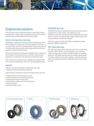 5
Engineered solutions
SKF also offers unique engineered solutions to solve the problems
typically found in specific types of applications like electric motors or
industries (food and beverage). Some of these include:
Extreme temperature bearings
Developed for applications in which petroleum based lubricants are
either ineffective or impractical, extreme temperature bearings can
be used in either very hot or cold applications. They can also be used
in food and pharmaceutical processing equipment without the fear
of grease contaminating the product.
SKF extreme temperature bearings use graphite, which is baked into
the free space of the bearing to act as a lubricant, protecting the
bearing from contaminants and reducing environmental impact.
High-temperature bearings are also available with graphite paste;
or in the case of ball bearings, with a self-sacrificing graphite cage.
Solid Oil
Solid Oil is specially formulated for applications that make
traditional relubrication methods impractical.
Solid Oil reduces maintenance and environmental impact, and can:
Supply more oil to the bearing than grease•	
Keep contaminants out of the bearing cavity•	
Eliminate the need for relubrication•	
Eliminate the need for seals to retain lubricant•	
Resist chemicals•	
Withstand high g-forces•	
INSOCOAT bearings
INSOCOAT bearings are standard bearings that have been plasma-
sprayed with a ceramic coating. The coating acts as an
insulator to protect the bearing from the damaging effects of stray
electric currents. The coating is then sealed to protect against the
conductive effects of water and moisture.
Resistance ranges from 50 to 150 MW at a breakdown voltage
between 1 000 and 3 000 V DC.
SKF hybrid bearings
SKF hybrid bearings combine steel rings with silicon nitride rolling
elements. Silicon nitride is an extremely hard, non-conductive
material that provides a number of benefits beyond its insulating
properties. SKF hybrid bearings can accommodate higher speeds,
run better under poor lubrication conditions, resist the damaging
effects of contaminants and last significantly longer than all-steel
bearings.
Extreme temperature bearings Solid Oil INSOCOAT bearings Hybrid bearings
 