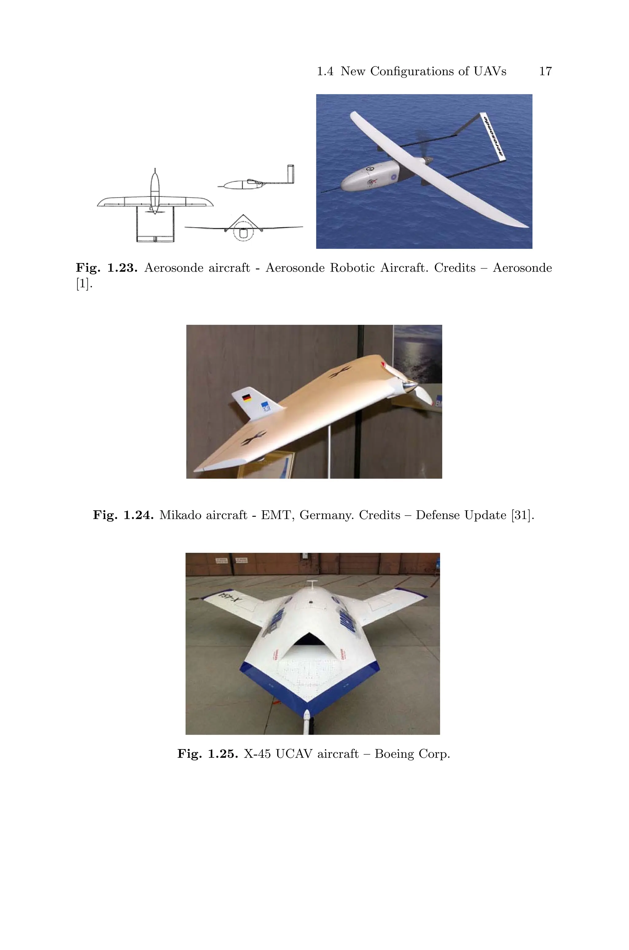 1.4 New Conﬁgurations of UAVs 17
Fig. 1.23. Aerosonde aircraft - Aerosonde Robotic Aircraft. Credits – Aerosonde
[1].
Fig. 1.24. Mikado aircraft - EMT, Germany. Credits – Defense Update [31].
Fig. 1.25. X-45 UCAV aircraft – Boeing Corp.
 