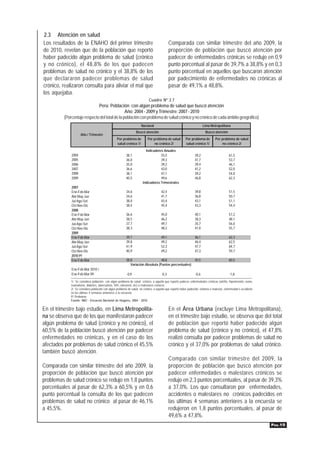 2.3 Atención en salud
Los resultados de la ENAHO del primer trimestre                                             Comparada con similar trimestre del año 2009, la
de 2010, revelan que de la población que reportó                                            proporción de población que buscó atención por
haber padecido algún problema de salud (crónico                                             padecer de enfermedades crónicas se redujo en 0,9
y no crónico), el 48,8% de los que padecen                                                  punto porcentual al pasar de 39,7% a 38,8% y en 0,3
problemas de salud no crónico y el 38,8% de los                                             punto porcentual en aquellos que buscaron atención
que declararon padecer problemas de salud                                                   por padecimiento de enfermedades no crónicas al
crónico, realizaron consulta para aliviar el mal que                                        pasar de 49,1% a 48,8%.
los aquejaba.
                                                                           Cuadro Nº 2.7
                             Perú: Población con algún problema de salud que buscó atención
                                               Año: 2004 - 2009 y Trimestre: 2007 - 2010
         (Porcentaje respecto del total de la población con problema de salud crónico y no crónico de cada ámbito geográfico)
                                                                     Nacional                                          Lima Metropolitana
                                                                 Buscó atención                                         Buscó atención
                    Año / Trimestre
                                                 Por problema de          Por problema de salud          Por problema de         Por problema de salud
                                                 salud crónico 1/              no crónico 2/             salud crónico 1/            no crónico 2/
                                                                        Indicadores Anuales
             2004                                        38,1                     55,5                          39,2                       61,5
             2005                                        36,0                     39,3                          41,7                       53,7
             2006                                        35,0                     39,2                          39,4                       46,1
             2007                                        36,6                     43,0                          41,2                       52,0
             2008                                        38,1                     47,1                          39,2                       54,0
             2009                                        40,5                     49,6                          46,8                       62,3
                                                                      Indicadores Trimestrales
             2007
             Ene-Feb-Mar                                 34,6                        42,4                       39,8                       51,5
             Abr-May-Jun                                 34,6                        41,7                       36,8                       50,7
             Jul-Ago-Set                                 38,0                        43,4                       43,1                       51,1
             Oct-Nov-Dic                                 38,4                        45,4                       43,3                       54,4
             2008
             Ene-Feb-Mar                                 36,6                        45,0                       40,1                       57,2
             Abr-May-Jun                                 38,5                        46,2                       38,3                       48,1
             Jul-Ago-Set                                 37,7                        49,7                       35,7                       56,0
             Oct-Nov-Dic                                 38,3                        48,3                       41,0                       55,7
             2009
             Ene-Feb-Mar                                 39,7                        49,1                       46,1                       62,3
             Abr-May-Jun                                 39,8                        49,2                       46,4                       62,5
             Jul-Ago-Set                                 41,9                        52,3                       47,7                       64,7
             Oct-Nov-Dic                                 40,9                        49,2                       47,3                       59,7
             2010 P/
             Ene-Feb-Mar                                 38,8                    48,8                45,5                                  60,5
                                                            Variación Absoluta (Puntos porcentuales)
             Ene-Feb-Mar 2010 /
             Ene-Feb-Mar 09                              -0,9                        -0,3                       -0,6                        -1,8
             1/ Se considera población con algún problema de salud crónico, a aquella que reportó padecer enfermedades crónicas (artritis, hipertensión, asma,
             reumatismo, diabetes, tuberculosis, VIH, colesterol, etc) o malestares crónicos.
             2/ Se considera población con algún problema de salud no crónico, a aquella que reportó haber padecido: síntoma o malestar, enfermedad o accidente
             en las últimas 4 semanas anteriores a la encuesta.
             P/ Preliminar
             Fuente: INEI - Encuesta Nacional de Hogares, 2004 - 2010.

En el trimestre bajo estudio, en Lima Metropolita-                                          En el Área Urbana (excluye Lima Metropolitana),
na se observa que de los que manifestaron padecer                                           en el trimestre bajo estudio, se observa que del total
algún problema de salud (crónico y no crónico), el                                          de población que reportó haber padecido algún
60,5% de la población buscó atención por padecer                                            problema de salud (crónico y no crónico), el 47,8%
enfermedades no crónicas, y en el caso de los                                               realizó consulta por padecer problemas de salud no
afectados por problemas de salud crónico el 45,5%                                           crónico y el 37,0% por problemas de salud crónico.
también buscó atención.
                                                                                            Comparado con similar trimestre del 2009, la
Comparada con similar trimestre del año 2009, la                                            proporción de población que buscó atención por
proporción de población que buscó atención por                                              padecer enfermedades o malestares crónicos se
problemas de salud crónico se redujo en 1,8 puntos                                          redujo en 2,3 puntos porcentuales, al pasar de 39,3%
porcentuales al pasar de 62,3% a 60,5% y en 0,6                                             a 37,0%. Los que consultaron por enfermedades,
punto porcentual la consulta de los que padecen                                             accidentes o malestares no crónicos padecidos en
problemas de salud no crónico al pasar de 46,1%                                             las últimas 4 semanas anteriores a la encuesta se
a 45,5%.                                                                                    redujeron en 1,8 puntos porcentuales, al pasar de
                                                                                            49,6% a 47,8%.
                                                                                                                                                                  PÁG.15
 