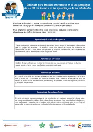 Con base en lo anterior, realice un análisis que permita identificar cuál de estas
tendencias pedagógicas, ha logrado permear su quehacer pedagógico.
Para ampliar su conocimiento sobre estas tendencias, apóyese en el siguiente
glosario que las define de manera clara y concreta:
Técnica didáctica orientada al diseño y desarrollo de un proyecto de manera colaborativa
por un grupo de alumnos. Lo anterior como una forma de lograr los objetivos de
aprendizaje de una o más áreas disciplinares y, además, el desarrollo de competencias
relacionadas con la administración de proyectos reales.
Aprendizaje Basado en Proyectos
Modelo de aprendizaje que implica la vivencia de una experiencia en la que el alumno
puede sentir o hacer cosas que fortalecen sus aprendizajes.
Aprendizaje Vivencial
Es una técnica didáctica en la que la exposición de contenido se hace por medio de videos
que pueden ser consultados en línea de manera libre, mientras el tiempo de aula se
dedica a la discusión, resolución de problemas y actividades prácticas bajo la supervisión
y asesoría del profesor.
Aprendizaje Invertido
Es una estrategia que proporciona a los estudiantes un contexto general en el que ellos,
de manera colaborativa, deben determinar el reto a resolver. Los estudiantes trabajan con
sus profesores y expertos para resolver este reto en comunidades de todo el mundo y así
desarrollar un conocimiento más profundo de los temas que estén estudiando.
Aprendizaje Basado en Retos
 