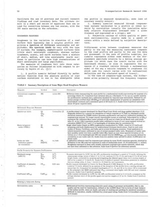 50 Transportation Research Record 1084
facilitate the use of previous and current research
findinga and road inventory data. The ultimate re-
ault is a chart and series of equations that can be
used for converting between any two scales, with the
!RI scale serving as the reference.
the profile is measured dynamically, some loss of
accuracy usually occurs);
2. Summary numerics measured through response-
type systems calibrated to a profile or other nu-
meric by correlation (usually the cumulative axle-
body relative displacement averaged over a given
distance and expressed as a slope); and
ROUGHNESS MEASURES
Roughness is the variation in elevation of a road
surface th~t typically has a complex profile com-
prising a spectrum o f diff erent wavelengths and am-
plitudes . The spectrum tends to vary with the type
of surface . For e xample , asphalt-paved surfaces have
little short wavelength roughness, whereas surface
treatment, gravel, and earth surfaces have a mixture
of short, medium, and long wavelengths (earth sur-
faces in particular can have high concentrations of
short wavelengths and large amplitudes).
3. Subjective ratings of riding quality or pave-
ment serviceability, usually made by a panel of
raters within a scale defined by subjective descrip-
tors.
Differences arise between roughness measures due
partly to the way the measuring instrument responds
to the road profile and partly to the way the data
are processed. In the case of profile numerics, the
numeric represents either some measure of the dis-
placement amplitude relative to a moving average am-
plitude (in which case the result varies with the
baselength chosen) , or else it represents the re-
sponse of a standard vehicle through a mathematical
model of the way a vehicle responds to roughness (in
which case the result varies with the mathematical
definition and the simulated speed of travel).
The measures of roughness fall into three cate-
gories as follows [elaborated on with respect to ac-
curacy by Sayers et al. Clll:
1. A profile numeric defined directly by mathe-
matical function from the absolute profile of road
surface elevations in one or two wheelpaths (when
In the case of response-type systems, the differ-
ences arise primarily through the frequency response
TABLE 1 Summary Descriptions of Some Major Road Roughness Measlll'es
Measures
International roughness
index
Symbol
!RI
Referenced Rcsp;:mse Measures
Quarter-car index
Bump integrator
trailer (TRRL)
Inches per mile
(reference quarter-
car simulation)
QI
Olm
QI,
Bl
BI,
lM,
(RQCS)
Profile Numerics for Dynamic Profilometers
Waveband energy W,w
(APL72) Wmw
W1w
Coefficient of planarity CP2.s
(APL72)
Coefficient APL2s CAPL2 s
Relating to Subjective Rating
Serviceability index SI
Units
m/km IRI
Description
Rcrerencc index sunma:r!zing tile rond profile by 1
1 rnathcmalicnl model representing the response of a
trnverslng vehicle (6/. Comput d from elevation datu in a whcclpath 171 for use•~ o profllc numeric
for profilomctric methods and n enlibrnlion st.ondnrd for respon,;e-typc instruments. Defined by ref·
crcnce ovemge rectified slope (RARS80) of axlc·body di. plnccmenl or quaner·car simulation wiU1
fixed-vehicle constants und a simulated spce<I of 80 k111/h (6, 7). cnles lrom 0 (perrect) upword to
about :?0 (poor unpaved road).
Counts/km QI A proClle-rclatcd mC3sure developed for Umzjl Road Costs Study ~nd sins,c: applied elsewhere (3.4}.
Origjnnlly defined by o qunrter·cnr simulotlon of vcl:iiclr rospon.se at 55 mph on whcclpalll profile
elcvnlions measured by ( MR) surface dynamics profilomcter and used as a calibmiion standard for
rcsponsc-lypcsystcn)s. o longer exactly reproducible except ns rcdcfllttd. Subscripted by m (Qlm)
rcprci;cnts the c:alibrMcd Mnys meter estimate o( QI used as a basis for all Brazil road costs ~tudy
clota (2). or by r (QJ,) rcpre.~ent . profile index redefined m terms of root mean squared vert icnl nc-
colemtion (RMSV/ of I and 2.S m ba•"elcngths or ele'nlion dntn by correlnLion (4).
mm/km Single wheel Lraller (bMed on DPR rougltometw) standardized by T!UtL, towed nl 32 km/h ond
in./mile
(L2)
(L2)
(L2)
0.01 mm
(L)
PSI
measuring ttXI ·body dlsplAccmcnt by unidiroctJonnl frlctionnl clutch sensor. lJsod in rond costs
stuclics or Kenya, Cnribbeon. and India nnd In s.overnl devel p ng countries. Usual applico11on is
vehiclc-mountod sensor cnlibrntcd to one o f levcral s1nndard trn.ilCT units. Responses of trailer units
lmvc possibly wried over time; n profile lndc~ (Bl, ) based on root menn ~'lunr~d dcvialion of de·
vations 011 o I .8·m basclongth and 300 mm snmplc inlcrvol ( RMS0300, 1,tt) was recently defined by
correlation to one trailer unit (6). Scales from low positive value upward to nbouL 16,000 (poor un-
poved road).
A calibratlon reference used for response-type systems by some North American agencies, idcnLical in
dcfini1lon io th~ IR I scale but ex1
lrcssed in units of inches{inilc (note: 63.36 inches{mile "' I m/km).
Roughness expressed in these units usually n:prcscnts response-type system measures, which mny
not hnvc bean caJibmtcd to Hlis rcfcrcncc, S<1ale f.rom 0 (perfc r for reference) upward.
Numerics developed by LCPC for the APL profilometer traveling at a speed of 72 km/h, defining the
mean-square energy values of short (I to 3.3 m), medium (3.3 to 13 m), and long (13 to 40 m) wave-
length bands, computed by squaring and integrating the filtered signal value over a section length of
200 m for a speed of 72 km/h (6). Scales from 0 (perfect) upward. Sometimes presented in combina-
tion as a rating index, I, from I (worst) to ID (best) by unit increments.
Profile numeric developed by Center for Road Research (CRR) Belgium for the APL profilometer
towed at 72 km/h, defined by an analysis of the deviation of the profile from a moving average ref-
erence line (6). Computed for standard baselengths of 2.5, I 0, and 40 m for every I 00 m (expressed
in the subscript); the IRRE indicated that CP2.5 correlated most highly with !RI and most response
measures. Scales from 0 (perfect) upwards.
Profile numeric developed by LCPC for the APL profilometer towed at 21.6 km/h, computed as the
average absolute value of the profile signal over section lengths of 25 m (6). Scales from 0 (perfect)
upward.
Mathem•ticru function rcpresontingsubjcctive panel rnting of pavement scrviccabllity; that is. ride
quality nnd the need for maintenance, defined at Ille AASllO Road Test In term$ of slope vnriom:c
of the surface prome, mean rut depth, ond areas of crocking and patching by statisticnl correlation.
Difficult LO rcprodu~. usually rcdefiuctl by 3 local panel rating. Scales from 5.0 (cxrellcnt condJtiun)
to 0 (worst).
 