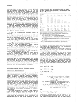 Paterson
characteristics of each system. A vehicle typically
has two resonant frequencies: one at 1 to 2 Hz for
resonance of the body on the suspension, and the
other at 8 to 12 Hz for the resonance of the wheel-
axle system between the stiff springs of the tires
and the suspension. The amplitude of road roughness
in these ranges is exaggerated by the vehicle. Thus
for certain combinations of roughness wavelength and
vehicle speed, the amplitude is exaggerated and at
others it is attenuated. Hence, two response-type
s ystems operating at different speeds, or two sys-
tems with differing resonance characteristics, will
tend to exaggerate or "see" different aspects of
r oughness on a given road and give different results.
The eight measur es of road roughness considered
in this paper cove r the t hree categories previously
defined and are described i n detail in Table 1. For
further discussion of these measures, see Sayers et
al. (_2). The measures include
1. IRI,
m/km IRI;
the International Roughness Index, in
2. IMr, the inches/mile equivalent of IRI used
in North America and sometimes called reference
quarter-car simulation (RQCS), or Golden car;
3 . Qim, the Quarter-car Index of the Brazil
road costs study as measured by calibrated Mays
meters, in counts/km;
4 . Bir, the response of the TRRL Bump Integrator
trailer used during the IRRE, in mm/km;
5. WsW' the short-wavelength energy numeric
defined by LCPC for the APL profilometers;
6. CP2.5• the coefficient of planarity on a
2 . 5-m-baselength defined by the Belgian Centre des
Recherches Routieres (CRR), in 0.01 mm;
7. CAPLis • the coefficient of the APL25 profi-
lometer anal ysis defined by LCPC; and
8 . SI , the present s erviceability index usually
defined by regional panel ratings to be similar to
the SI defined at the AASHO Road Test, in PSI (pres-
ent serviceability index).
Comparable data for individual response-type systems
not calibrated to one of the foregoing measures were
not available. Although the Australian NAASRA meter
was tested at the IRRE, the mounting vehicle differed
from the Australian standard vehicle so the data
cannot be used to develop a valid conversion.
RELATIONSHIPS AMONG PHYSICAL ROUGHNESS MEASURES
International Experimen t Data
The IRRE was conducted in Brazil on a series of 49
road sections each 320 m long (.§).The sections con-
sisted of asphalt concrete, surface treatment,
gravel, and earth surfaces in nearly equal amounts.
The roughness on each section was measured by rod
and level surveying, TRRL 3-m-beam profilometer, APL
profi lometer trailer (a t both 72 and 21. 6 km/ h), and
var ious response-type sys tems , includi ng a TRRL Bump
l ntegr a tor t ra i l er, thr ee Chevrolet sedans m
ounted
with Mays m
e ter s ensor·s (an adaptation of the M
ays
r ide meter ), and a sedan m
ounted wi th a Bump Inte-
g rator and NAASRA met er s ensors in paral lel. Each
i ns t r ument was used according to t he standard proce-
d ure s pecif ied f or. it under the control of the rel -
evant agency.
The range of values and bivariate linear correla-
tions between different measures observed at the
IRRE are given in Table 2 for the scales just de-
scribed, with the exception of the Serviceability
Index, which was not measured in the experiment. The
observed data for the same scales are given in Table
51
TABLE 2 Bivariate Linear Correlation Coefficients and Ranges
for Major Roughness Scales, as Observed at the International Road
Roughness Experiment
Roughness
Index•
IRI
Qlm
BI,
CP2.s
W,w
Wmw
CAPL2s
No. observa-
lions
Mean
Standard de-
viation
Mmimum
Maximum
IR!
1.000
0.962
0.973
0.958
0.937
0.768
0.719
49
6.03
3.30
1.90
16.6
1.000
0.933
0.923
0.921
0.629
0.705
49
77.8
43.7
19.2
211.5
BI,
1.000
0.927
0.893
0.702
0.644
1.000
0.942
0.692
0.744
49 45
4,724 84.2
1.000
0.686
0.732
45
21.5
3,141 36.6 11.4
I ,310 28.0 3.0
16,485 169.0 37.2
1.000
0.851
45
67.0
1.000
49
12.5
51.4 5.0
7.8 4.6
181.9 21.7
Note: Further details of the definHion of each index given by Sayers et al. (6).
Source: Derived from data of the IRRE from Sayers, Gillespie, and Queiroz (1986).
IRI =International Roughness Index, m/km IRI.
Qlm =Quarter-car Index of Brazil Road COSIJ Stud)', ~ounts/ km .
Bir= Bump Integrator trailer of TranspO.tl t
md Rond Rc.iCIU'<l-h Liiboratory, mm/km ,
CP2.s =Coefficient of planarity on 2.S m baselongch for Fnmth AJ1L72 profilometer,
0.01 mm ,
W5w:::::. Energy index of short wavelengths (1 to 3,3 m) for French APL 72 profi.
lometer.
Wmw= Energy index of medium wavelengths (3.3 to 13 m) for French APL72 profi-
lometer.
CAPL25 =Rectified displacement coefficient from French APL2S profilometer.
3, including the reference inches per mile statistic
(IMr), which was computed simply by the dimensional
conversion from m/km as 63.36 IRI.
The IRI data were computed as the RARSao statistic
from rod and level survey data following the method
outlined by Sayers et al. <l>.
The Qim data represent the Mays meter values
calibrated to the Quarter-car Index scale by a meth-
odology similar to that used in the original Brazil
road costs study <l>, so that they would closely
represent the empirical foundation of all the vehi-
cle operating cost and road deterioration relation-
ships derived from that study. Separate calibration
equations were established for each vehicle from the
Qir profile index computed from rod and level data
using oniy data from asphalt concrete surfaces (4,9)
as follows: - -
Qlr
Qir
Qir
where
12.155 MM1 - Qiml
10.565 MM2 - Qim2
ll.034 MM3 - Qim3
Qir least-squares regression estimate
of Qir profile index from calibra-
tion of MMi against Qir, in
counts/km QI;
Qiml to Qim3 calibrated roughness measure for
Mays meter vehicle numbers l to 3,
in counts/km QI; and
Then
MM1 to MM3 = three-run average Mays meter
count per unit distance for vehi-
cle numbers l to 3, in m/km.
Although the original study used QI instead of Qii:
as the calibration standard, it has been shown (~)
that the calibration equations were not significantly
 