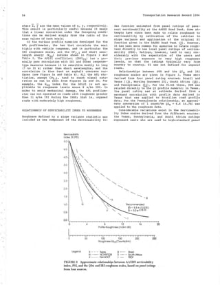 56
where-;;:, y are the mean values of x, y, respectively.
This result is particularly useful because it means
that a linear conversion under the foregoing condi-
tions can be derived simply from the ratio of the
mean values of each scale.
Of the various profile numerics developed for the
APL profilometer, the two that correlate the most
highly with vehicle response, and in particular the
IRI roughness scale, are the CP 2. 5 and short wave-
length energy (Wsw> indices shown in Figure 2 and
Table 2. The APL25 coefficient (CAP:Lis) has a yeu-
erally poor correlation with IRI and other response-
type measures because it is sensitive mostly to long
(7 to 15 m) rather than short wavelengths, and the
correlation is thus best on asphalt concrete sur-
faces (see Figure 2a and Table 4). All the APL sta-
tistics, except CPz .5, tend to reach signal satu-
ration as can be seen from Figures 2a and 2b. For
example, the Wsw index for the APL25 is not ap-
plicable to roughness levels above B m/km IRI. In
order to avoid mechanical damage, the APL profilom-
e ter was not operated on roaas with roughness greater
than 11 m/km IRI during the IRRE; that is, unpaved
roads with moderately high roughness.
RELATIONSHIP OF SERVICEABILITY INDEX TO ROUGHNESS
Roughness defined by a slope variance statistic was
included as one component of the Serviceability In-
SeNiceabillty
Index. SI (PSI)
5.0
4.5
4.0
3.5
3.0
2.5
2.0
1.5
1.0
0.5
Transportation Research Record 1084
dex function estimated from panel ratings of pave-
ment serviceability at the AASHO Road Test. Some at-
tempts have since been made to relate roughness to
serviceability by calibration of the vehicles to
slope variance and application of the original SI
function given in the AASHO Road Test (~). However,
it has been more common for agencies to relate rough-
ness directly to new local panel ratings of service-
ability (PSR) • Ratings, however, tend to vary con-
siderably with the expectation of the users and
U1.,iL vi:ev ious exposure to very high roughness
levels, so that the ratings typically vary from
country to country. SI was not defined for unpaved
roads,
Relationships between PSR and the Qim and IRI
roughness scales are given in Figure 3. These were
derived from four panel rating sources: Brazil and
Texas [(l), Working Document 10] ,·south Africa (10),
and Pennsylvania (11). For the first three, PSR was
related directly t~he QI profile numeric; in Texas,
the panel rating was an estimate derived from a
waveband correlation with profile data derived in
Texas that was applied to Brazilian road profile
data. For the Pennsylvania relationship, an approxi-
mate conversion of 1 count/ km Qlro = 6.6 in./mi was
applied to the roughness data.
Considerable variations exist in the Serviceabil-
ity Index scales derived from the different sources:
the Texas, Pennsylvania, and South Africa ratings
represent users who are used to high-standard paved
~ s
0 4 8 12 16 20
Profile Roughness (m/km IRI)
I' ' I I I I I' I I I ' ' I I I I ' I I' I I I' I I I I I I I' I I I I I I I'' I I I I Ii I I
0 W 100 1W 200 200
Legend:
Roughness Qlm(Counts/km)
X - - - Texas
N - - - NCHRP228
p -----· PennDOT
B - - Brazil
S - - - - South Africa
T - TRDF
FIGURE 3 Approximate relationships between AASHO serviceability
index, PSI, and the Qlm and IRI roughness scales, based on panel ratings
from four sources.
 