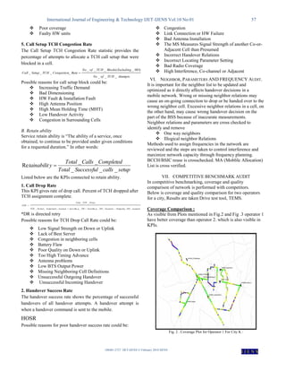 International Journal of Engineering & Technology IJET-IJENS Vol:10 No:01 57
108401-2727 IJET-IJENS © February 2010 IJENS
I J E N S
 Poor coverage
 Faulty HW units
5. Call Setup TCH Congestion Rate
The Call Setup TCH Congestion Rate statistic provides the
percentage of attempts to allocate a TCH call setup that were
blocked in a cell.
AttemptsTCHofNo
HOExcludingBlocksTCHofNo
RateCongestionTCHSetupCall
___
)_(___
____ 
Possible reasons for call setup block could be:
 Increasing Traffic Demand
 Bad Dimensioning
 HW Fault & Installation Fault
 High Antenna Position
 High Mean Holding Time (MHT)
 Low Handover Activity
 Congestion in Surrounding Cells
B. Retain ability
Service retain ability is “The ability of a service, once
obtained, to continue to be provided under given conditions
for a requested duration.” In other words:
setupcallsSuccessfulTotal
CompletedCallsTotal
ytainabilit
___
__
Re 
Listed below are the KPIs connected to retain ability.
1. Call Drop Rate
This KPI gives rate of drop call. Percent of TCH dropped after
TCH assignment complete.
successesHOOutgoingSuccessesHOgIncoDRgincosuccessesAssignmentNormalTCH
DropsTCHTotal
CDR
____min_min___
__


*DR is directed retry
Possible reasons for TCH Drop Call Rate could be:
 Low Signal Strength on Down or Uplink
 Lack of Best Server
 Congestion in neighboring cells
 Battery Flaw
 Poor Quality on Down or Uplink
 Too High Timing Advance
 Antenna problems
 Low BTS Output Power
 Missing Neighboring Cell Definitions
 Unsuccessful Outgoing Handover
 Unsuccessful Incoming Handover
2. Handover Success Rate
The handover success rate shows the percentage of successful
handovers of all handover attempts. A handover attempt is
when a handover command is sent to the mobile.
HOSR
Possible reasons for poor handover success rate could be:
 Congestion
 Link Connection or HW Failure
 Bad Antenna Installation
 The MS Measures Signal Strength of another Co-or-
Adjacent Cell than Presumed
 Incorrect Handover Relations
 Incorrect Locating Parameter Setting
 Bad Radio Coverage
 High Interference, Co-channel or Adjacent
VI. NEIGHBOR, PARAMETERS AND FREQUENCY AUDIT.
It is important for the neighbor list to be updated and
optimized as it directly affects handover decisions in a
mobile network. Wrong or missing neighbor relations may
cause an on-going connection to drop or be handed over to the
wrong neighbor cell. Excessive neighbor relations in a cell, on
the other hand, may cause wrong handover decision on the
part of the BSS because of inaccurate measurements.
Neighbor relations and parameters are cross checked to
identify and remove
 One way neighbors
 Illogical neighbor Relations
Methods used to assign frequencies in the network are
reviewed and the steps are taken to control interference and
maximize network capacity through frequency planning.
BCCH/BSIC reuse is crosschecked. MA (Moblile Allocation)
List is cross verified.
VII. COMPETITIVE BENCHMARK AUDIT
In competitive benchmarking, coverage and quality
comparison of network is performed with competitors.
Below is coverage and quality comparison for two operators
for a city, Results are taken Drive test tool, TEMS.
Coverage Comparison :
As visible from Plots mentioned in Fig.2 and Fig .3 operator 1
have better coverage than operator 2. which is also visible in
KPIs.
Fig. 2 . Coverage Plot for Operator 1 For City K :
 