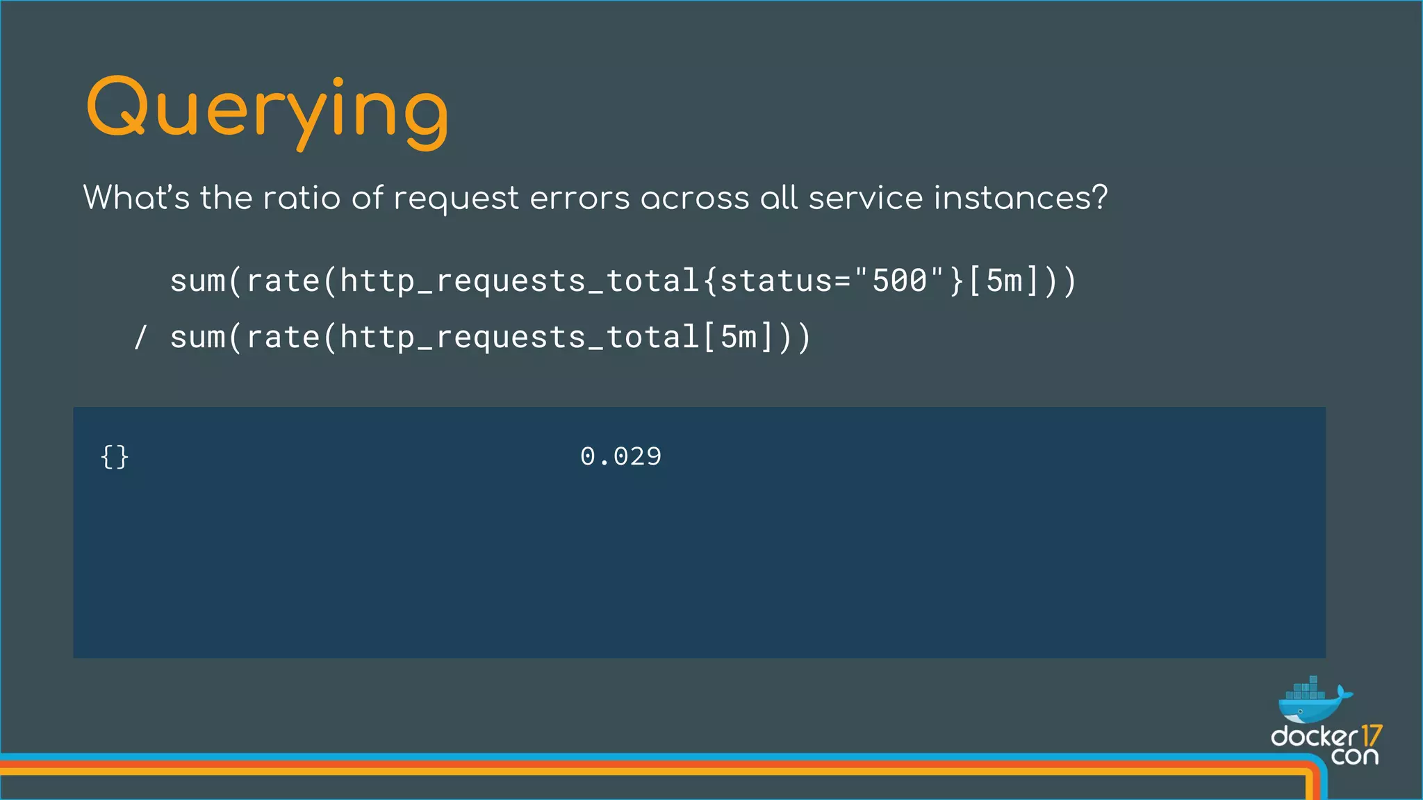 What’s the ratio of request errors across all service instances?
Querying
sum(rate(http_requests_total{status="500"}[5m]))
/ sum(rate(http_requests_total[5m]))
{} 0.029
 