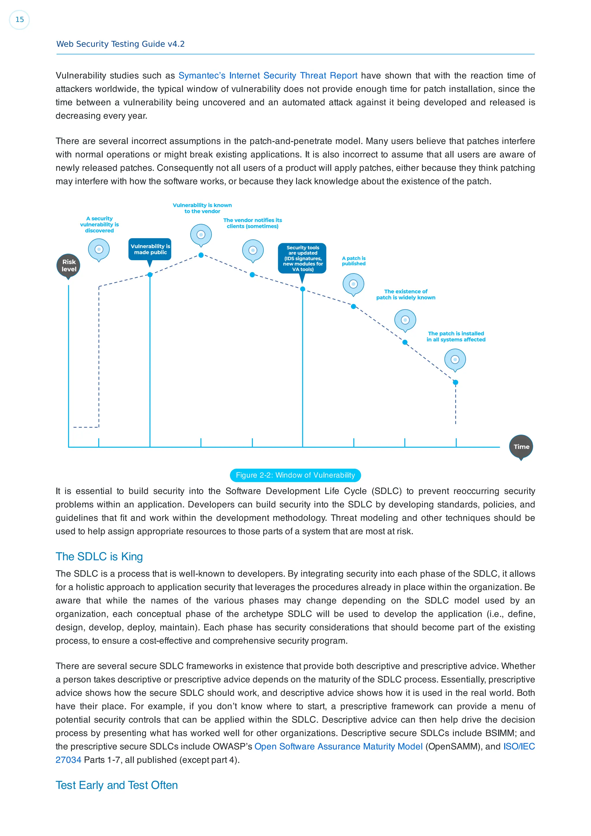 Web Security Testing Guide v4.2
15
Vulnerability studies such as Symantec’s Internet Security Threat Report have shown that with the reaction time of
attackers worldwide, the typical window of vulnerability does not provide enough time for patch installation, since the
time between a vulnerability being uncovered and an automated attack against it being developed and released is
decreasing every year.
There are several incorrect assumptions in the patch-and-penetrate model. Many users believe that patches interfere
with normal operations or might break existing applications. It is also incorrect to assume that all users are aware of
newly released patches. Consequently not all users of a product will apply patches, either because they think patching
may interfere with how the software works, or because they lack knowledge about the existence of the patch.
Figure 2-2: Window of Vulnerability
It is essential to build security into the Software Development Life Cycle (SDLC) to prevent reoccurring security
problems within an application. Developers can build security into the SDLC by developing standards, policies, and
guidelines that ﬁt and work within the development methodology. Threat modeling and other techniques should be
used to help assign appropriate resources to those parts of a system that are most at risk.
The SDLC is King
The SDLC is a process that is well-known to developers. By integrating security into each phase of the SDLC, it allows
for a holistic approach to application security that leverages the procedures already in place within the organization. Be
aware that while the names of the various phases may change depending on the SDLC model used by an
organization, each conceptual phase of the archetype SDLC will be used to develop the application (i.e., deﬁne,
design, develop, deploy, maintain). Each phase has security considerations that should become part of the existing
process, to ensure a cost-effective and comprehensive security program.
There are several secure SDLC frameworks in existence that provide both descriptive and prescriptive advice. Whether
a person takes descriptive or prescriptive advice depends on the maturity of the SDLC process. Essentially, prescriptive
advice shows how the secure SDLC should work, and descriptive advice shows how it is used in the real world. Both
have their place. For example, if you don’t know where to start, a prescriptive framework can provide a menu of
potential security controls that can be applied within the SDLC. Descriptive advice can then help drive the decision
process by presenting what has worked well for other organizations. Descriptive secure SDLCs include BSIMM; and
the prescriptive secure SDLCs include OWASP’s Open Software Assurance Maturity Model (OpenSAMM), and ISO/IEC
27034 Parts 1-7, all published (except part 4).
Test Early and Test Often
 