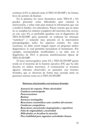 continuo el SA se ubicaría entre el TDA-H/DAMP y las formas
leves de autismo de Kanner.
En la práctica, los casos fronterizos entre TDA-H y SA
pueden presentar serias dificultades para orientar la
intervención, y sobre todo para matizar la información que van
a recibir la familia y los educadores. Parece sensato que en tanto
no se cumplan los criterios completos del trastorno más severo,
en este caso SA, es preferible quedarse con el diagnóstico de
TDA-H/DAMP, pero poniendo en evidencia los síntomas
“autísticos” y teniendo muy presente en la intervención
psicopedagógica todos los aspectos sociales. En otras
ocasiones, no debe existir ningún reparo en proponer ambos
diagnósticos, lo cual permitirá racionalizar el tratamiento. Por
ejemplo, recomendando metilfenidato a un niño con el
diagnóstico de TEA si presenta manifestaciones típicas de
TDA-H/DAMP.
El nexo neurocognitivo entre SA y TDA-H/DAMP quizás
resida en el trastorno de la función ejecutiva (FE) que ha sido
descrito en ambos trastornos. A continuación se resumen
algunos síntomas observados en pacientes con lesiones
frontales, que se observan de forma muy acusada tanto en
pacientes autistas como en el TDA-H/DAMP:
Síntomas relacionados con lesiones frontales
Ausencia de empatía. Pobre afectividad
Conducta estereotipada
Perseveraciones
Rutinas
Intereses restringidos
Reacciones catastróficas ante cambios del entorno
Conductas compulsivas
Reacciones emocionales inapropiadas y repetitivas
Falta de originalidad y creatividad
Dificultades en focalizar la atención
Poca hab lidad para organizar activ dades futurasi i
32
 