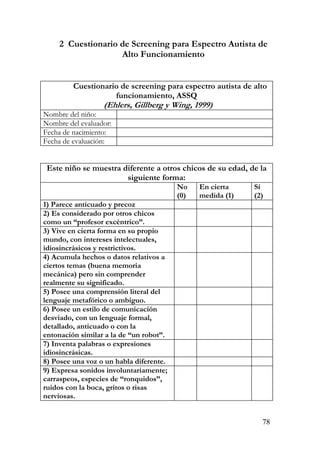 2 Cuestionario de Screening para Espectro Autista de
Alto Funcionamiento
Cuestionario de screening para espectro autista de alto
funcionamiento, ASSQ
(Ehlers, Gillberg y Wing, 1999)
Nombre del niño:
Nombre del evaluador:
Fecha de nacimiento:
Fecha de evaluación:
Este niño se muestra diferente a otros chicos de su edad, de la
siguiente forma:
No
(0)
En cierta
medida (1)
Sí
(2)
1) Parece anticuado y precoz
2) Es considerado por otros chicos
como un “profesor excéntrico”.
3) Vive en cierta forma en su propio
mundo, con intereses intelectuales,
idiosincrásicos y restrictivos.
4) Acumula hechos o datos relativos a
ciertos temas (buena memoria
mecánica) pero sin comprender
realmente su significado.
5) Posee una comprensión literal del
lenguaje metafórico o ambiguo.
6) Posee un estilo de comunicación
desviado, con un lenguaje formal,
detallado, anticuado o con la
entonación similar a la de “un robot”.
7) Inventa palabras o expresiones
idiosincrásicas.
8) Posee una voz o un habla diferente.
9) Expresa sonidos involuntariamente;
carraspeos, especies de “ronquidos”,
ruidos con la boca, gritos o risas
nerviosas.
78
 