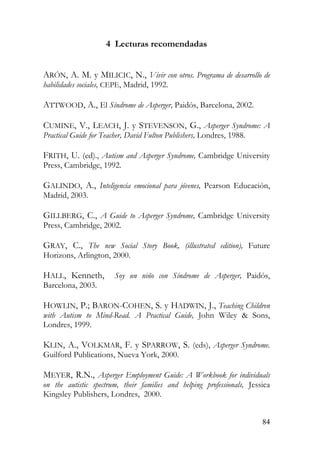 4 Lecturas recomendadas
ARÓN, A. M. y MILICIC, N., Vivir con otros. Programa de desarrollo de
habilidades sociales, CEPE, Madrid, 1992.
ATTWOOD, A., El Síndrome de Asperger, Paidós, Barcelona, 2002.
CUMINE, V., LEACH, J. y STEVENSON, G., Asperger Syndrome: A
Practical Guide for Teacher, David Fulton Publishers, Londres, 1988.
FRITH, U. (ed)., Autism and Asperger Syndrome, Cambridge University
Press, Cambridge, 1992.
GALINDO, A., Inteligencia emocional para jóvenes, Pearson Educación,
Madrid, 2003.
GILLBERG, C., A Guide to Asperger Syndrome, Cambridge University
Press, Cambridge, 2002.
GRAY, C., The new Social Story Book, (illustrated edition), Future
Horizons, Arlington, 2000.
HALL, Kenneth, Soy un niño con Síndrome de Asperger, Paidós,
Barcelona, 2003.
HOWLIN, P.; BARON-COHEN, S. y HADWIN, J., Teaching Children
with Autism to Mind-Read. A Practical Guide, John Wiley & Sons,
Londres, 1999.
KLIN, A., VOLKMAR, F. y SPARROW, S. (eds), Asperger Syndrome.
Guilford Publications, Nueva York, 2000.
MEYER, R.N., Asperger Employment Guide: A Workbook for individuals
on the autistic spectrum, their families and helping professionals, Jessica
Kingsley Publishers, Londres, 2000.
84
 