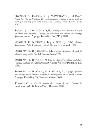 OZONOFF, S.; DAWSON, G. y McPARTLAND, J., A Parent´s
Guide to Asperger Syndrome & High-functioning Autism. How to meet the
challenges and help your child thrive, The Guilford Press, Nueva York,
2002.
SAVNER, J.L. y SMITH MYLES, B., Making Visual Supports Work in
the Home and Community: Strategies for individuals with Autism and Asperger
Syndrome, Autism Asperger Publishing Co. (APC), 2000.
SCHOPLER, E., MESIBOV, G.B. y KUNCE, L.J., (eds.), Asperger
Syndrome or Higher Fuctioning Autism?, Plenum, Nueva York, 1998.
SMITH MYLES, B. y SIMPSON, R.L, Asperger Syndrome: A guide for
educators and parents, Pro-Ed, Austin, Texas, 1998.
SMITH MYLES, B. y SOUTHWICK, J., Asperger Syndrome and Rage:
Practical solutions for a difficult moment, Autism Asperger Publishing Co.,
1999.
SMITH MYLES, B., COOK, K. & MILLER, L., Asperger Syndrome
and sensory issues: Practical solutions for making sense of the world, Autism
Asperger Publishing Co., Shawnee Mission, 2000.
THOMAS, G. (et al.), El síndrome de Asperger, Servicio Central de
Publicaciones del Gobierno Vasco, Donosita, 2002.
85
 