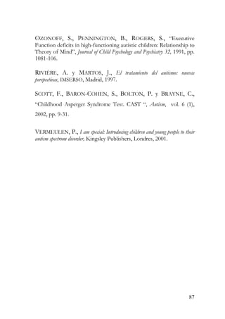 OZONOFF, S., PENNINGTON, B., ROGERS, S., “Executive
Function deficits in high-functioning autistic children: Relationship to
Theory of Mind”, Journal of Child Psychology and Psychiatry 32, 1991, pp.
1081-106.
RIVIÈRE, A. y MARTOS, J., El tratamiento del autismo: nuevas
perspectivas, IMSERSO, Madrid, 1997.
SCOTT, F., BARON-COHEN, S., BOLTON, P. y BRAYNE, C.,
“Childhood Asperger Syndrome Test. CAST “, Autism, vol. 6 (1),
2002, pp. 9-31.
VERMEULEN, P., I am special: Introducing children and young people to their
autism spectrum disorder, Kingsley Publishers, Londres, 2001.
87
 