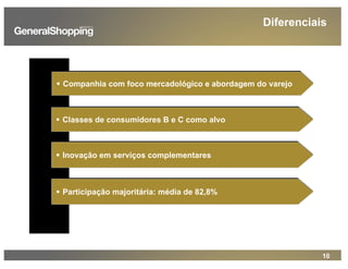 10
Companhia com foco mercadológico e abordagem do varejoCompanhia com foco mercadológico e abordagem do varejo
Classes de consumidores B e C como alvoClasses de consumidores B e C como alvo
Inovação em serviços complementaresInovação em serviços complementares
Participação majoritária: média de 82,8%Participação majoritária: média de 82,8%
Diferenciais
 