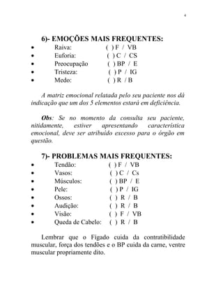 6)- EMOÇÕES MAIS FREQUENTES:
• Raiva: ( ) F / VB
• Euforia: ( ) C / CS
• Preocupação ( ) BP / E
• Tristeza: ( ) P / IG
• Medo: ( ) R / B
A matriz emocional relatada pelo seu paciente nos dá
indicação que um dos 5 elementos estará em deficiência.
Obs: Se no momento da consulta seu paciente,
nitidamente, estiver apresentando característica
emocional, deve ser atribuído excesso para o órgão em
questão.
7)- PROBLEMAS MAIS FREQUENTES:
• Tendão: ( ) F / VB
• Vasos: ( ) C / Cs
• Músculos: ( ) BP / E
• Pele: ( ) P / IG
• Ossos: ( ) R / B
• Audição: ( ) R / B
• Visão: ( ) F / VB
• Queda de Cabelo: ( ) R / B
Lembrar que o Fígado cuida da contratibilidade
muscular, força dos tendões e o BP cuida da carne, ventre
muscular propriamente dito.
4
 