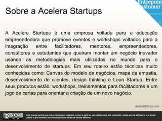 Sobre a Acelera Startups
A Acelera Startups é uma empresa voltada para a educação
empreendedora que promove eventos e workshops voltados para a
integração entre facilitadores, mentores, empreendedores,
consultores e estudantes que queiram montar um negócio inovador
usando as metodologias mais utilizadas no mundo para o
desenvolvimento de startups. Em seu roteiro estão técnicas muito
conhecidas como: Canvas do modelo de negócios, mapa da empatia,
desenvolvimento de clientes, design thinking e Lean Startup. Entre
seus produtos estão: workshops, treinamentos para facilitadores e um
jogo de cartas para orientar a criação de um novo negócio.
 