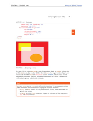 LISTING 2.10 Continued
Canvas.Left=”120” Canvas.Top=”110”
Background=”#CCFFFFFF”>
<Ellipse Width=”200” Height=”140”
Fill=”Orange”
HorizontalAlignment=”Right”
VerticalAlignment=”Bottom”
Margin=”20” />
</Grid>
</Canvas>
Composing Scenes in XAML 33
2
FIGURE 2.5 Composing a scene
In Figure 2.5, the yellow Rectangle is one of the children of the red Canvas. There is also
a white Grid, defined as another child of the red Canvas. You might wonder why you can
see through this white Grid: The Background is set to #CCFFFFFF, which creates an 80%
transparent white color. You learn more about transparency in Chapter 5, which deals
with media in general and colors in particular.
T I P
Grid and Canvas are two Panels, with different functionalities. The various panels available
will be reviewed in detail in Chapter 15, “Digging into Silverlight Elements.”
. A Grid is a Panel in which you can define rows and columns, a little like a table (or a
grid, for that matter).
. A Canvas is another Panel, like a piece of paper, on which you can draw objects with
Top and Left coordinates.
Silverlight 2 Unleashed Page 41 Return to Table of Contents
 