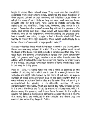 begin to record their natural song. They must also be completely
separated from other singing birds, otherwise the great flexibility of
their organs, joined to their memory, will infallibly cause them to
adopt the song of such birds as they are near; and even old larks,
brought into my bird-room, have learnt to imitate perfectly the
nightingale and chaffinch. They vary, however, very much in this
respect. Some females in confinement lay without the presence of a
male, and others pair, but I have never yet succeeded in making
them sit. One of my neighbours, notwithstanding the greatest care,
has succeeded no better, though he had a female which laid from
twenty to twenty-five eggs annually. There would undoubtedly be a
better chance of success in a large garden aviary61.
Diseases.—Besides those which have been named in the Introduction,
these birds are very subject to a kind of scurf or yellow crust round
the base of the beak. The best remedy is to take care that they have
good food; the second universal paste agrees with them particularly
well; but greens, ants’ eggs, meal-worms, or other insects, must be
added. With this food they may be preserved healthy for many years
in the house. Instances have been known of larks which have lived
in this way for thirty years.
Mode of Taking.—It would take too long a time to describe all the
modes of catching larks which are in use. It is enough to say that
with day and night nets, known by the name of lark nets, so large a
number of these birds are taken alive in the open country, that it is
easy to have a choice of both males and females. This lark snaring is
accomplished by placing a considerable number of nets
perpendicularly like walls, which are called day-nets, towards which,
in the dusk, the birds are forced by means of a long rope, which is
drawn along the ground, and drives them forward; in the night a
square net called a night-net is carried to a spot where it is known
that many larks are collected in the stubble, and there they are
covered just when they begin to flutter.
 