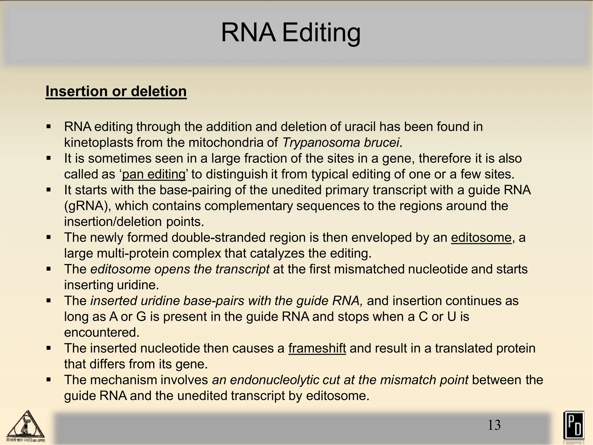 RNA Editing
13
Insertion or deletion
 RNA editing through the addition and deletion of uracil has been found in
kinetoplasts from the mitochondria of Trypanosoma brucei.
 It is sometimes seen in a large fraction of the sites in a gene, therefore it is also
called as ‘pan editing’ to distinguish it from typical editing of one or a few sites.
 It starts with the base-pairing of the unedited primary transcript with a guide RNA
(gRNA), which contains complementary sequences to the regions around the
insertion/deletion points.
 The newly formed double-stranded region is then enveloped by an editosome, a
large multi-protein complex that catalyzes the editing.
 The editosome opens the transcript at the first mismatched nucleotide and starts
inserting uridine.
 The inserted uridine base-pairs with the guide RNA, and insertion continues as
long as A or G is present in the guide RNA and stops when a C or U is
encountered.
 The inserted nucleotide then causes a frameshift and result in a translated protein
that differs from its gene.
 The mechanism involves an endonucleolytic cut at the mismatch point between the
guide RNA and the unedited transcript by editosome.
 