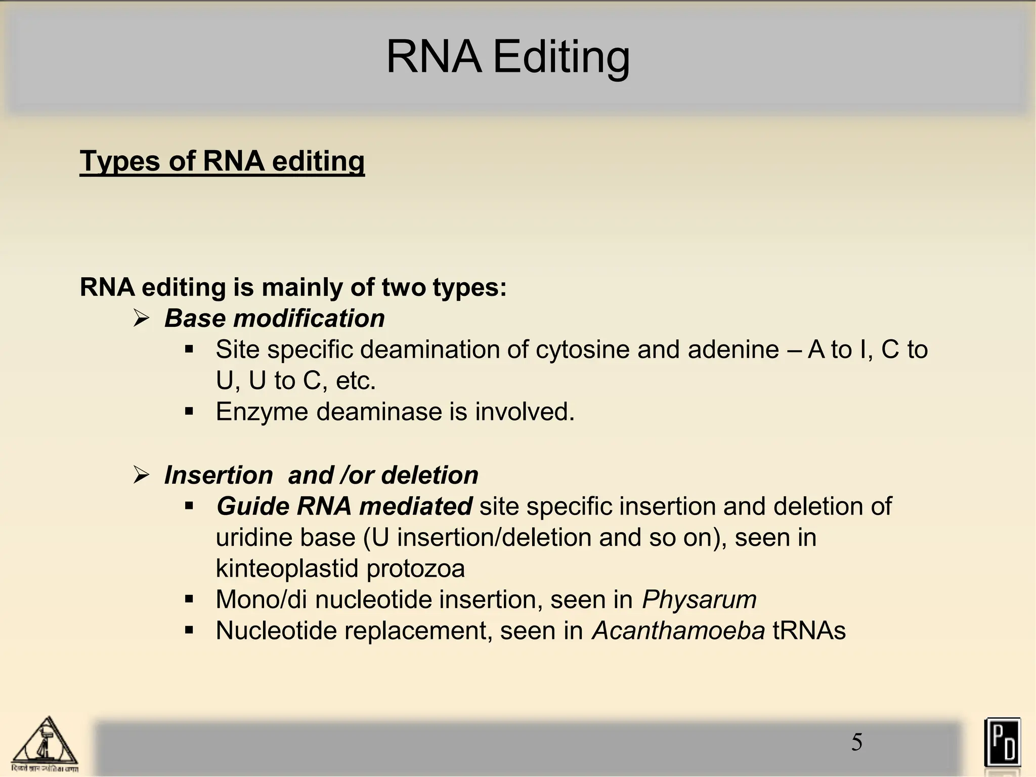 RNA Editing
5
Types of RNA editing
RNA editing is mainly of two types:
 Base modification
 Site specific deamination of cytosine and adenine – A to I, C to
U, U to C, etc.
 Enzyme deaminase is involved.
 Insertion and /or deletion
 Guide RNA mediated site specific insertion and deletion of
uridine base (U insertion/deletion and so on), seen in
kinteoplastid protozoa
 Mono/di nucleotide insertion, seen in Physarum
 Nucleotide replacement, seen in Acanthamoeba tRNAs
 
