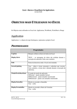 Excel – Macros e Visual Basic for Applications
(versão Draft)
______________________________________________________________________________________
ISCTE / DCTI 105 / 122
Luisa.Domingues@iscte.pt
OBJECTOS MAIS UTILIZADOS NO EXCEL
Os Objectos mais utilizados no Excel são: Application, WorkBook, WorkSheet e Range
Application
Application é o objecto de topo hierárquico, representa o próprio Excel.
PROPRIEDADES
Propriedades
Caption Menção exibida na barra de títulos do Excel
DisplayAlerts TRUE – as mensagens de alerta são exibidas durante a
execução da subrotina. False caso contrário.
Path Nome da directoria onde o Excel está instalado.
ScreenUpdating True – altera o écran consoante a subrotina que executa.
Caso contrário, o écran não é alterado durante a execução da
subrotina.
WindoWorkSheetState O estado da janela da aplicação:
XlNormal – janela tamanho normal
XlMaximized – janela tamanho maximizado
XlMinimized – janela com tamanho minimizado
DisplayStatusBar Mostra ou esconde a StatusBar.
True – exibe
DisplayFormulaBar Mostra ou esconde a Barra de Formulas
True – exibe
 