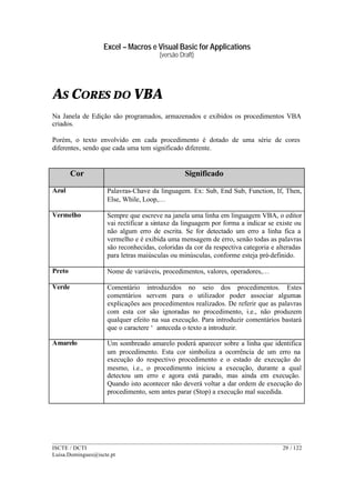 Excel – Macros e Visual Basic for Applications
(versão Draft)
______________________________________________________________________________________
ISCTE / DCTI 29 / 122
Luisa.Domingues@iscte.pt
AS CORES DO VBA
Na Janela de Edição são programados, armazenados e exibidos os procedimentos VBA
criados.
Porém, o texto envolvido em cada procedimento é dotado de uma série de cores
diferentes, sendo que cada uma tem significado diferente.
Cor Significado
Azul Palavras-Chave da linguagem. Ex: Sub, End Sub, Function, If, Then,
Else, While, Loop,…
Vermelho Sempre que escreve na janela uma linha em linguagem VBA, o editor
vai rectificar a sintaxe da linguagem por forma a indicar se existe ou
não algum erro de escrita. Se for detectado um erro a linha fica a
vermelho e é exibida uma mensagem de erro, senão todas as palavras
são reconhecidas, coloridas da cor da respectiva categoria e alteradas
para letras maiúsculas ou minúsculas, conforme esteja pré-definido.
Preto Nome de variáveis, procedimentos, valores, operadores,…
Verde Comentário introduzidos no seio dos procedimentos. Estes
comentários servem para o utilizador poder associar algumas
explicações aos procedimentos realizados. De referir que as palavras
com esta cor são ignoradas no procedimento, i.e., não produzem
qualquer efeito na sua execução. Para introduzir comentários bastará
que o caractere ‘ anteceda o texto a introduzir.
Amarelo Um sombreado amarelo poderá aparecer sobre a linha que identifica
um procedimento. Esta cor simboliza a ocorrência de um erro na
execução do respectivo procedimento e o estado de execução do
mesmo, i.e., o procedimento iniciou a execução, durante a qual
detectou um erro e agora está parado, mas ainda em execução.
Quando isto acontecer não deverá voltar a dar ordem de execução do
procedimento, sem antes parar (Stop) a execução mal sucedida.
 