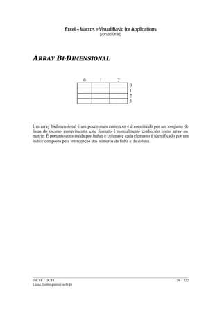 Excel – Macros e Visual Basic for Applications
(versão Draft)
______________________________________________________________________________________
ISCTE / DCTI 56 / 122
Luisa.Domingues@iscte.pt
ARRAY BI-DIMENSIONAL
0 1 2
0
1
2
3
Um array bi-dimensional é um pouco mais complexo e é constituído por um conjunto de
listas do mesmo comprimento, este formato é normalmente conhecido como array ou
matriz. É portanto constituída por linhas e colunas e cada elemento é identificado por um
índice composto pela intercepção dos números da linha e da coluna.
 