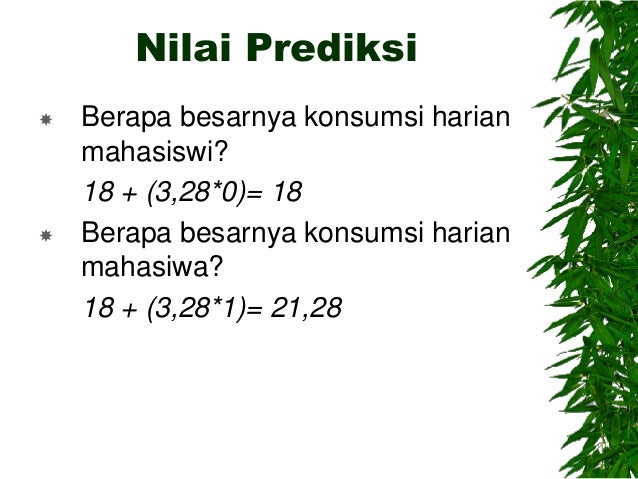 Nilai Prediksi
 Berapa besarnya konsumsi harian
mahasiswi?
18 + (3,28*0)= 18
 Berapa besarnya konsumsi harian
mahasiwa?
...
