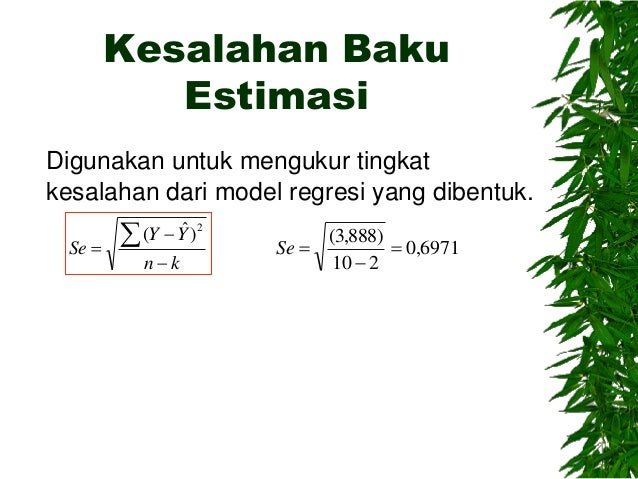 Kesalahan Baku
Estimasi
Digunakan untuk mengukur tingkat
kesalahan dari model regresi yang dibentuk.
kn
YY
Se



 2
)ˆ...