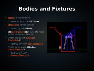 Bodies and Fixtures

b2Bodys handle motion
–
Needs at least one b2Fixture

b2Fixtures handle collision
–
Owned by one b2Body

b2(Body|Fixture)Defs used to make
similar bodies and fixtures

Create bodies with b2World::
CreateBody()
–
Destroy only with DestroyBody()

Create fixtures with b2Body::
CreateFixture()
–
Destroy only with
DestroyFixture()
Body Fixtures
 