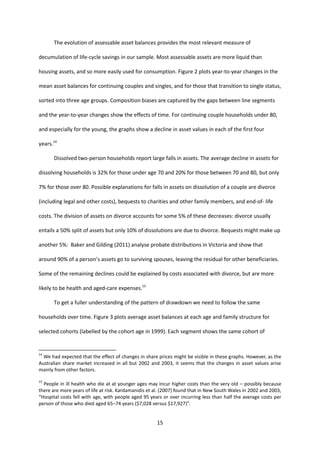 15
The evolution of assessable asset balances provides the most relevant measure of
decumulation of life-cycle savings in our sample. Most assessable assets are more liquid than
housing assets, and so more easily used for consumption. Figure 2 plots year-to-year changes in the
mean asset balances for continuing couples and singles, and for those that transition to single status,
sorted into three age groups. Composition biases are captured by the gaps between line segments
and the year-to-year changes show the effects of time. For continuing couple households under 80,
and especially for the young, the graphs show a decline in asset values in each of the first four
years.14
Dissolved two-person households report large falls in assets. The average decline in assets for
dissolving households is 32% for those under age 70 and 20% for those between 70 and 80, but only
7% for those over 80. Possible explanations for falls in assets on dissolution of a couple are divorce
(including legal and other costs), bequests to charities and other family members, and end-of- life
costs. The division of assets on divorce accounts for some 5% of these decreases: divorce usually
entails a 50% split of assets but only 10% of dissolutions are due to divorce. Bequests might make up
another 5%: Baker and Gilding (2011) analyse probate distributions in Victoria and show that
around 90% of a person’s assets go to surviving spouses, leaving the residual for other beneficiaries.
Some of the remaining declines could be explained by costs associated with divorce, but are more
likely to be health and aged-care expenses.15
To get a fuller understanding of the pattern of drawdown we need to follow the same
households over time. Figure 3 plots average asset balances at each age and family structure for
selected cohorts (labelled by the cohort age in 1999). Each segment shows the same cohort of
14
We had expected that the effect of changes in share prices might be visible in these graphs. However, as the
Australian share market increased in all but 2002 and 2003, it seems that the changes in asset values arise
mainly from other factors.
15
People in ill health who die at at younger ages may incur higher costs than the very old – possibly because
there are more years of life at risk. Kardamanidis et al. (2007) found that in New South Wales in 2002 and 2003,
“Hospital costs fell with age, with people aged 95 years or over incurring less than half the average costs per
person of those who died aged 65–74 years ($7,028 versus $17,927)”.
 