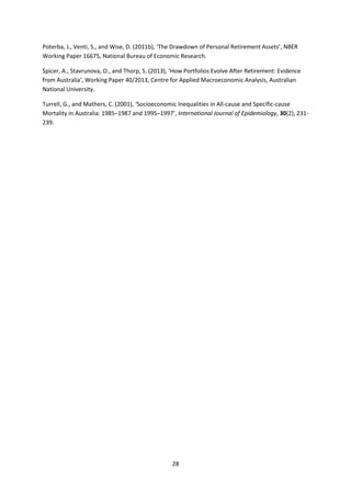 28
Poterba, J., Venti, S., and Wise, D. (2011b), ‘The Drawdown of Personal Retirement Assets’, NBER
Working Paper 16675, National Bureau of Economic Research.
Spicer, A., Stavrunova, O., and Thorp, S. (2013), ‘How Portfolios Evolve After Retirement: Evidence
from Australia’, Working Paper 40/2013, Centre for Applied Macroeconomic Analysis, Australian
National University.
Turrell, G., and Mathers, C. (2001), ‘Socioeconomic Inequalities in All-cause and Specific-cause
Mortality in Australia: 1985–1987 and 1995–1997’, International Journal of Epidemiology, 30(2), 231-
239.
 