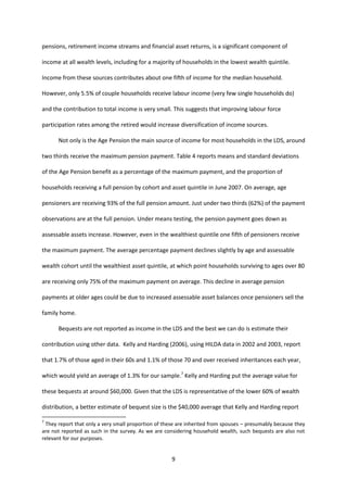 9
pensions, retirement income streams and financial asset returns, is a significant component of
income at all wealth levels, including for a majority of households in the lowest wealth quintile.
Income from these sources contributes about one fifth of income for the median household.
However, only 5.5% of couple households receive labour income (very few single households do)
and the contribution to total income is very small. This suggests that improving labour force
participation rates among the retired would increase diversification of income sources.
Not only is the Age Pension the main source of income for most households in the LDS, around
two thirds receive the maximum pension payment. Table 4 reports means and standard deviations
of the Age Pension benefit as a percentage of the maximum payment, and the proportion of
households receiving a full pension by cohort and asset quintile in June 2007. On average, age
pensioners are receiving 93% of the full pension amount. Just under two thirds (62%) of the payment
observations are at the full pension. Under means testing, the pension payment goes down as
assessable assets increase. However, even in the wealthiest quintile one fifth of pensioners receive
the maximum payment. The average percentage payment declines slightly by age and assessable
wealth cohort until the wealthiest asset quintile, at which point households surviving to ages over 80
are receiving only 75% of the maximum payment on average. This decline in average pension
payments at older ages could be due to increased assessable asset balances once pensioners sell the
family home.
Bequests are not reported as income in the LDS and the best we can do is estimate their
contribution using other data. Kelly and Harding (2006), using HILDA data in 2002 and 2003, report
that 1.7% of those aged in their 60s and 1.1% of those 70 and over received inheritances each year,
which would yield an average of 1.3% for our sample.7
Kelly and Harding put the average value for
these bequests at around $60,000. Given that the LDS is representative of the lower 60% of wealth
distribution, a better estimate of bequest size is the $40,000 average that Kelly and Harding report
7
They report that only a very small proportion of these are inherited from spouses – presumably because they
are not reported as such in the survey. As we are considering household wealth, such bequests are also not
relevant for our purposes.
 