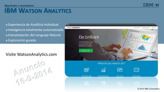 © 2014 IBM Corporation 
IBM WATSON ANALYTICS 
 
Experiencia de Analítica Individual 
 
Inteligencia totalmente automatizada 
 
Interpretación del Lenguaje Natural 
 
Exploración guiada Visite WatsonAnalytics.com  