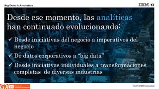 © 2014 IBM Corporation 
 
Desde iniciativas del negocio a imperativos del negocio 
 
De datos corporativos a “big data” 
 
Desde iniciativas individuales a transformaciones completas de diversas industrias 
Desde ese momento, las analíticas han continuado evolucionando:  
