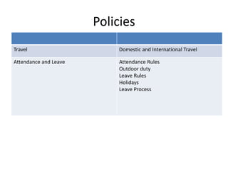 Policies
Travel Domestic and International Travel
Attendance and Leave Attendance Rules
Outdoor duty
Leave Rules
Holidays
Leave Process
 