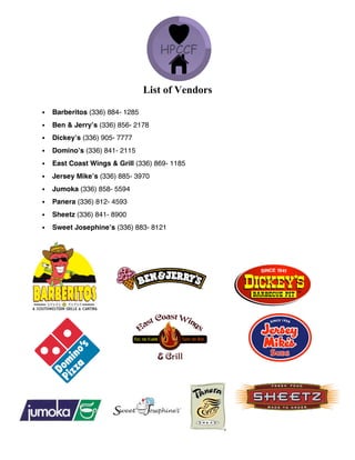 List of Vendors
• Barberitos (336) 884- 1285
• Ben & Jerry’s (336) 856- 2178
• Dickey’s (336) 905- 7777
• Domino’s (336) 841- 2115
• East Coast Wings & Grill (336) 869- 1185
• Jersey Mike’s (336) 885- 3970
• Jumoka (336) 858- 5594
• Panera (336) 812- 4593
• Sheetz (336) 841- 8900
• Sweet Josephine’s (336) 883- 8121
 