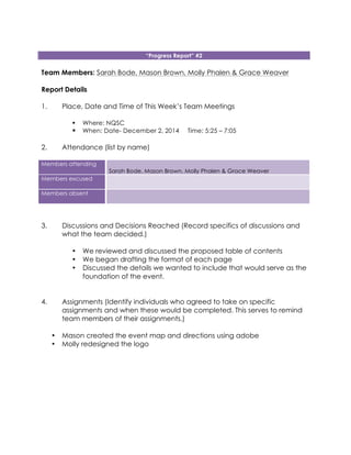 “Progress Report” #2
Team Members: Sarah Bode, Mason Brown, Molly Phalen & Grace Weaver
Report Details
1. Place, Date and Time of This Week’s Team Meetings
! Where: NQSC
! When: Date- December 2, 2014 Time: 5:25 – 7:05
2. Attendance (list by name)
Members attending
Sarah Bode, Mason Brown, Molly Phalen & Grace Weaver
Members excused
Members absent
3. Discussions and Decisions Reached (Record specifics of discussions and
what the team decided.)
• We reviewed and discussed the proposed table of contents
• We began drafting the format of each page
• Discussed the details we wanted to include that would serve as the
foundation of the event.
4. Assignments (Identify individuals who agreed to take on specific
assignments and when these would be completed. This serves to remind
team members of their assignments.)
• Mason created the event map and directions using adobe
• Molly redesigned the logo
 