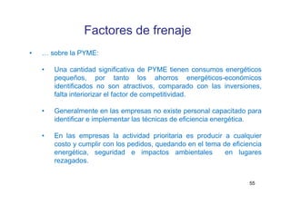 Factores de frenaje
• … sobre la PYME:
• Una cantidad significativa de PYME tienen consumos energéticos
pequeños, por tant...