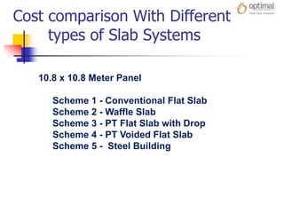 Cost comparison With Different
types of Slab Systems
10.8 x 10.8 Meter Panel
Scheme 1 - Conventional Flat Slab
Scheme 2 - Waffle Slab
Scheme 3 - PT Flat Slab with Drop
Scheme 4 - PT Voided Flat Slab
Scheme 5 - Steel Building
 