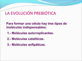 LA EVOLUCIÓN PREBIÓTICA

Para formar una célula hay tres tipos de
moléculas indispensables:
1.- Moléculas autorreplicantes.
2.- Moléculas catalíticas.
3.- Moléculas anfipáticas.
 