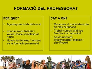FORMACIÓ DEL PROFESSORAT PER QUÈ? Agents potencials del canvi Educar en ciutadania i valors: tasca complexa al s.XXI Noves tendències i formats en la formació permanent CAP A ON? Repensar el model d’escola en clau ciutadana Treball conjunt amb les famílies i la comunitat Aprofundiment, transversalitat, reflexió i planificació 