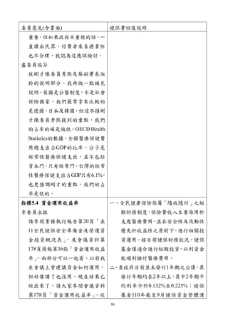 96
委員意見(含書面) 健保署回復說明
重要，但如果政府不重視的話，一
直讓由民眾、付費者來負擔責任
也不合理，我認為這應該檢討。
盧委員瑞芬
就剛才陳委員秀熙及蔡副署長淑
鈴的說明部分，我再做一點補充
說明，英國是公醫制度，不是社會
保險國家，我們最常拿來比較的
是德國、日本及韓國，但這不損剛
才陳委員秀熙提到的重點，我們
的占率的確是偏低。OECD Health
Statistics的數據，全國醫療保健費
用總支出占GDP的比率，分子是
經常性醫療保健支出，並不包括
資本門，只有經常門，台灣的經常
性醫療保健支出占GDP只有6.1%
，
也更強調剛才的重點，我們的占
率是低的。
指標5.4 資金運用收益率
李委員永振
請參閱業務執行報告第20頁「表
11全民健保安全準備金及營運資
金投資概況表」
，及會議資料第
178頁簡報第36張「資金運用收益
率」
，兩部分可以一起看。以前我
在會議上曾建議資金如何運用，
但好像講了也沒用，現在結果已
經出來了。請大家參閱會議資料
第178頁「資金運用收益率」
，從
一、全民健康保險係屬「隨收隨付」之短
期財務制度，保險費收入主要係用於
支應醫療費用，並在安全性及流動性
優先於收益性之原則下，進行相關投
資運用。按目前健保財務狀況，健保
基金僅適合進行短期投資，以利資金
能順利撥付醫療費用。
二、查政府目前並未發行1年期之公債，其
發行年期均在2年以上，其中2年期平
均利率介於0.132%至0.225%；健保
基金110年截至9月健保資金整體運
 