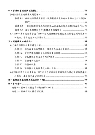 四、資源配置構面(3 項指標).......................................................................................66
(一)各指標監測結果及趨勢評析 ..............................................................................66
指標 4.1 以鄉鎮市區發展程度，觀察最高與最低兩組醫師人力之比值(各
部門) .................................................................................................66
指標 4.2 一般地區/醫療資源不足地區/山地離島地區之就醫率(各部門)...71
指標 4.3 自付差額特材占率(整體及各類別項目) .......................................75
(二)110 年第 6 次委員會議「109 年全民健康保險業務監理指標之監測結果及研
析報告」委員意見及健保署回復 .....................................................................80
五、財務構面(6 項指標)...............................................................................................83
(一)各指標監測結果及趨勢評析..............................................................................83
指標 5.1 保險收支餘絀實際數、預估數及兩者之差異率...........................83
指標 5.2 安全準備總額折合保險給付支出月數...........................................85
指標 5.3 全民健保醫療支出占 GDP 比率.....................................................87
指標 5.4 資金運用收益率...............................................................................89
指標 5.5 保費收繳率 .......................................................................................91
指標 5.6 呆帳提列數與保費收入數之比率...................................................93
(二)110 年第 6 次委員會議「109 年全民健康保險業務監理指標之監測結果及研
析報告」委員意見及健保署回復 .....................................................................95
肆、監理指標監測結果報表(103 年起).......................................................................99
伍、參考資料...............................................................................................................101
附錄一、監理指標歷史資料報表(97~102 年)....................................................101
附錄二、監理指標之操作型定義........................................................................103
 