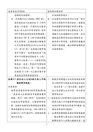 37
委員意見(含書面) 健保署回復說明
有顯著改善趨勢。
四、研究顯示(如 Chalfin, 2007 等)，
急診重症病人如無法在 6 小時內
獲進一步處置，不僅住院天數會
拉長、病人死亡率亦會增高。由於
109 年醫院急診受疫情影響甚鉅，
醫改會以 107 年、108 年健保署提
供之各層級、五級檢傷分類基準
之平均暫留時間(分)而言(如附表
1-3，第 42 頁)，在檢傷分類申報
案件中顯示，區域醫院的第一級
案件平均暫留時間超過 6 小時；
醫學中心的第一
、
二
、
三級案件(復
甦急救、危急、緊急)平均暫留時
間在 8 小時以上，第一、第二級甚
至超過 12 小時，以上數字應予重
視並找出原因與策進作法。
目及點數等項目。
五、另本署於110年8月19日召開「修訂
急診品質提升方案討論會」
，邀集急
診相關醫學會研議方案修訂事宜，
多數代表認同方案已實施近十年，
獎勵方式有通盤檢討之需要，故決
議請急診醫學會依現行醫療需求，
擬具修訂草案後，本署將於接獲該
會修訂建議後，據以辦理後續提會
討論等事宜。
指標1.3 癌末病人生前6個月每人申報
醫療費用點數：
何委員語
請參閱會議資料第164頁簡報第8張
「癌末病人生前6個月申報醫療費用
點數」部分，106~108年「死前6個月
已接受安寧療護者」之醫療費用點
數，相較於未接受安寧療護者的醫療
費用點數節省不到1成，106~108年分
別為9.1%、8.2%及8.9%，請教健保署
要如何改善。
一、推動安寧療護之目的係為減緩末期
病人臨終前之疼痛或其他痛苦症狀
，滿足其身、心、靈之需要，並提升
病人及家屬之生活品質，非以節省
費用為目的。
二、查癌末病人死前6個月已接受安寧療
護者之每人平均醫療費用較未接受
者低(108年接受安寧者39.9萬點
，
未
接受安寧者43.8萬點)。
三、本署將持續推動各類安寧療護服務
，藉由醫事人員向病人及家屬詳細
解釋安寧介入照護之服務內容，適
 