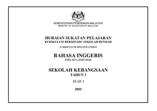 Curriculum Specifications for English
Listening                                                                       Year 3 SK
Speaking
Reading
 Writing
                KEMENTERIAN PENDIDIKAN MALAYSIA
                  MINISTRY OF EDUCATION OF MALAYSIA




            HURAIAN SUKATAN PELAJARAN
            KURIKULUM BERSEPADU SEKOLAH RENDAH
                   CURRICULUM SPECIFICATIONS


                BAHASA INGGERIS
                       ENGLISH LANGUAGE



             SEKOLAH KEBANGSAAN
                            TAHUN 3
                             YEAR 3

                               2003
 
