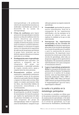 MANUAL PARA LOS GRUPOS DE INTERAPRENDIZAJE – GIA
12
interaprendizaje y de producción
colectiva de conocimientos necesitan un
moderador o facilitador que oriente el
desarrollo de la sesión de
interaprendizaje.
✦ Clima de confianza: para lograr
procesos de interaprendizaje se necesita
generar un clima de confianza entre los
actores educativos que permita
comunicarse con fluidez, sentirse
acogidos al interior de grupo y no tener
temor al rechazo o a sentirse inferiores.
Este ambiente va a favorecer el respeto
mutuo y la valoración de la experiencia
de cada una de las personas que forman
el grupo; hará, asimismo, que los
distintos agentes educativos se sientan
motivados en su trabajo.
✦ Predisposición ante el aprendizaje:
disponibilidad para aprender, con
apertura a compartir con los
integrantes del grupo sus
conocimientos, y mostrando actitudes
de respeto, escucha activa, apoyo y
empatía hacia las otras personas.
✦ Pensamiento crítico: actitud
constructiva, capacidad de cuestionarse
e interrogarse acerca de los procesos
educativos, para poder discutir, dialogar
y exponer sus ideas sobre un tema. Esto
supone no aceptar pasivamente todas
las ideas, sino desarrollar hábitos de
permanente autorreflexión y de
cuestionamiento.
✦ Participación activa: generar hábitos
de participación, no sólo de “recepción”
de conocimientos. Se trata de un proceso
que implica las aportaciones de todas
las personas vinculadas a él, en el que
cada integrante del grupo de
interaprendizaje (tanto el supervisor
como los facilitadores) comparte lo que
sabe para generar un espacio común de
aprendizaje.
✦ Creatividad: oportunidad de generar
nuevos conocimientos, fruto de la
conjugación de las experiencias
individuales y de las sinergias en la
creación de saberes nuevos, que
explican la realidad en la que se está
interviniendo.
✦ Interpretar las experiencias
acumuladas en los círculos de
aprendizaje: las distintas experiencias
generadas en los círculos de aprendizaje
son el punto de partida para el análisis
y para la construcción de nuevos
conocimientos. Es importante tener
presentes los avances que se dan en los
círculos de aprendizaje, sobre todo, no
despreciar ninguno de los aportes de los
facilitadores. El conocimiento producido
individualmente sirve para enriquecer
el conocimiento colectivo.
✦ Lograr el aprendizaje propiamente
dicho: La concepción del educador como
práctico-reflexivo fomenta “la indagación
personal en el análisis de la propia
práctica como una línea básica para el
desarrollo profesional”, Villar (1993) y
Medina (1992 y 1993).Villar y deVicente
(1993) estiman que hemos de desarrollar
la “megacompetencia”, que es la “auto y
coparticipativa reflexión”.
La vuelta a la práctica en la
metodología participativa
La recreación se considera un último paso
en los procesos interactivos y participativos
de construcción de aprendizajes: el de darle
aplicabilidad a los conocimientos adquiridos
en el círculo de aprendizaje, en el que
intervienen los facilitadores, contribuyendo
 
