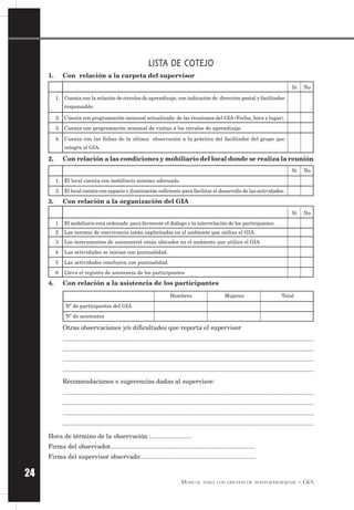 MANUAL PARA LOS GRUPOS DE INTERAPRENDIZAJE – GIA
24
LISTA DE COTEJO
1. Con relación a la carpeta del supervisor
Sí No
1. Cuenta con la relación de círculos de aprendizaje, con indicación de dirección postal y facilitador
responsable.
2. Cuenta con programación mensual actualizada de las reuniones del GIA (Fecha, hora y lugar).
3. Cuenta con programación semanal de visitas a los círculos de aprendizaje.
4. Cuenta con las fichas de la última observación a la práctica del facilitador del grupo que
integra el GIA.
2. Con relación a las condiciones y mobiliario del local donde se realiza la reunión
Sí No
1. El local cuenta con mobiliario mínimo adecuado.
2. El local cuenta con espacio e iluminación suficiente para facilitar el desarrollo de las actividades.
3. Con relación a la organización del GIA
Sí No
1 El mobiliario está ordenado para favorecer el diálogo y la interrelación de los participantes.
2 Las normas de convivencia están explicitados en el ambiente que utiliza el GIA.
3 Los instrumentos de autocontrol están ubicados en el ambiente que utiliza el GIA
4 Las actividades se inician con puntualidad.
5 Las actividades concluyen con puntualidad.
6 Lleva el registro de asistencia de los participantes.
4. Con relación a la asistencia de los participantes
Hombres Mujeres Total
Nº de participantes del GIA
Nº de asistentes
Otras observaciones y/o dificultades que reporta el supervisor
..................................................................................................................................................
..................................................................................................................................................
..................................................................................................................................................
..................................................................................................................................................
Recomendaciones o sugerencias dadas al supervisor:
..................................................................................................................................................
..................................................................................................................................................
..................................................................................................................................................
..................................................................................................................................................
Hora de término de la observación :.......................
Firma del observador...................................................................................
Firma del supervisor observado:.................................................................
 